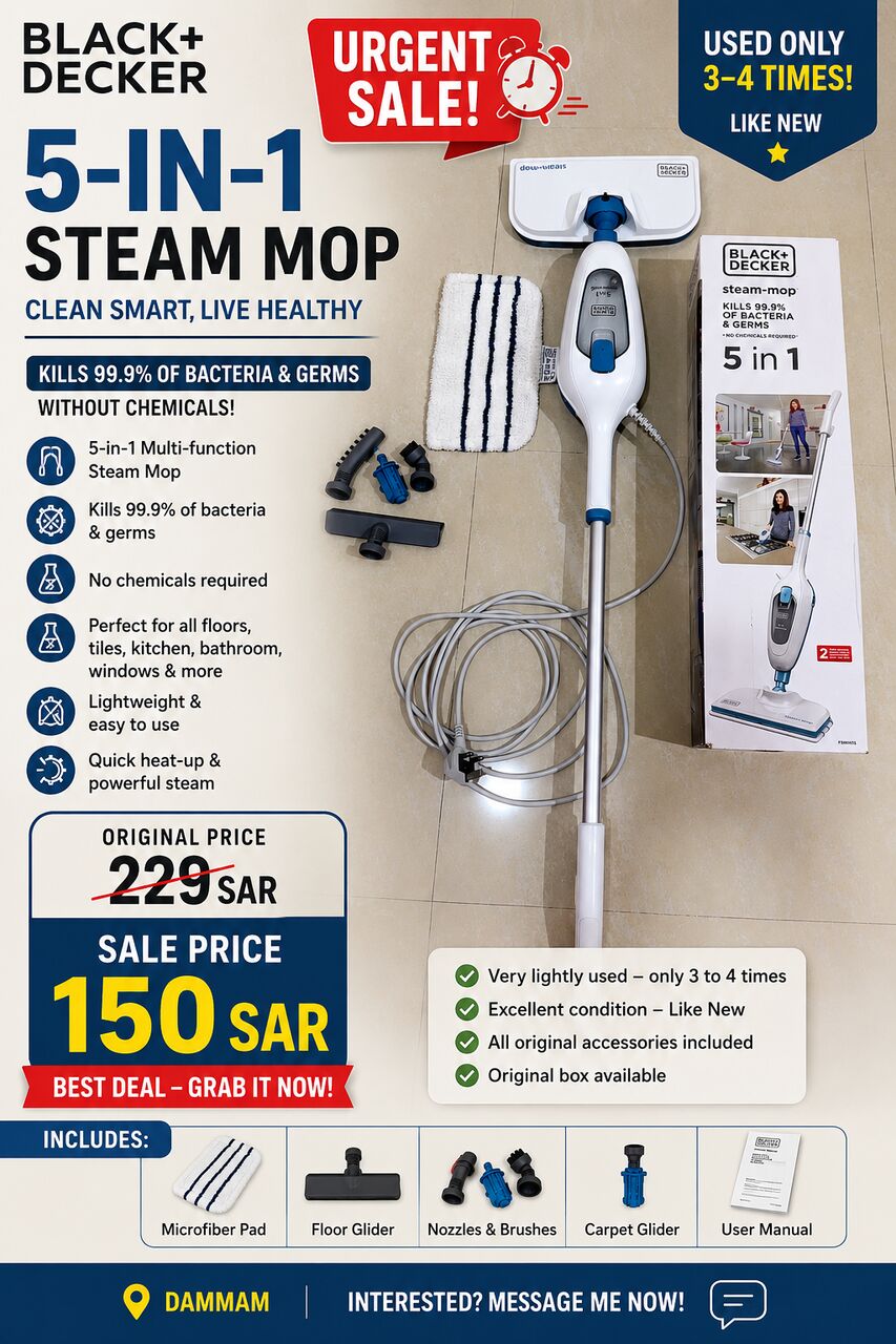 Al Zuhour, Household Items, SAR 150,  Steam Mop, 5-in-1 Cleaning Solution, Superheated Steam, Swivel Head, Chemical-Free