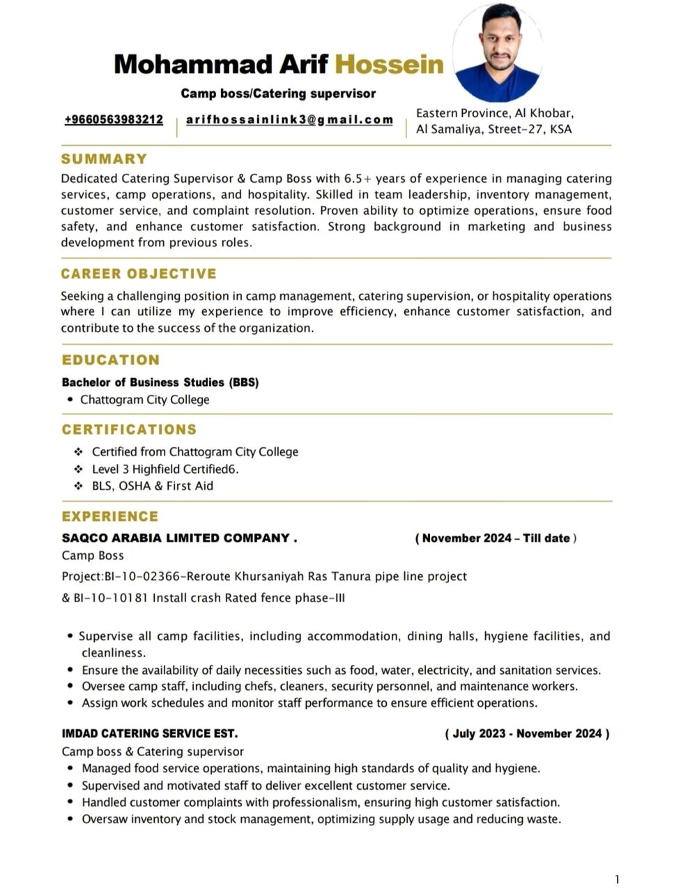 Dammam, Job Seekers, Camp Boss/Catering Supervisor