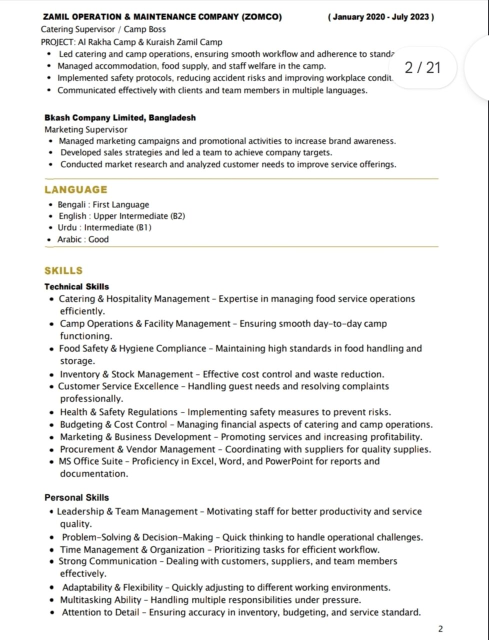 Dammam, Job Seekers, Camp Boss/Catering Supervisor