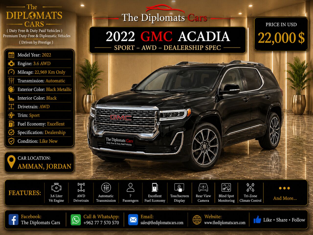 Amman, Vehicles, Cars & Trucks , JOD 15000,  GMC Acadia Diplomatic,  2022,  Automatic,  55000 KM,