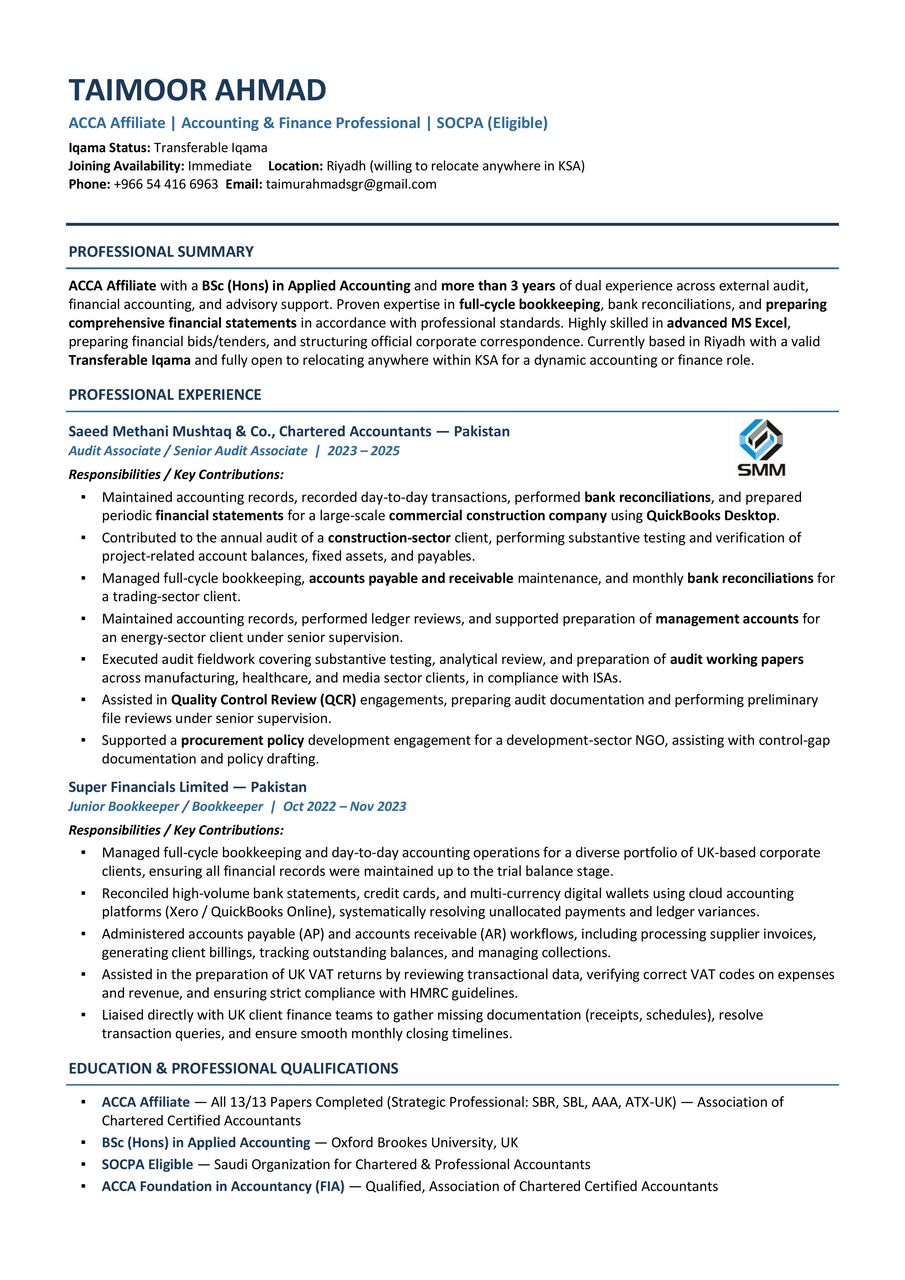 Riyadh, Job Seekers, Accountant / Audit Associate / Cost Accountant / Bookkeeping EXPERT