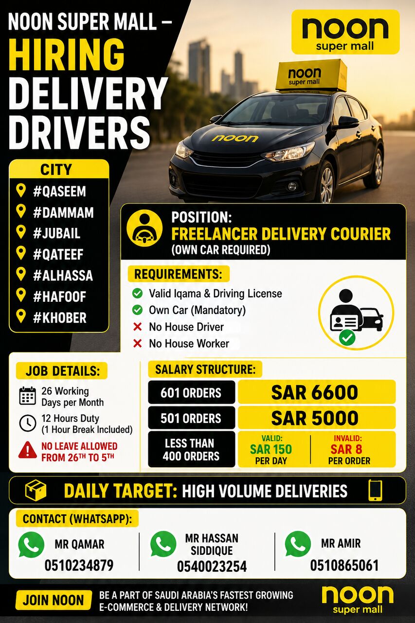 Riyadh, Jobs, Urgent Hiring For Noon Super Mall Dammam, Riyadh ,Madinah , Buraydah Ksa