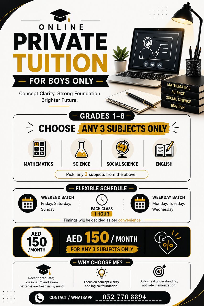 Dubai, Lessons Offered, Online Private Tuition (Grades 1&ndash;8) &ndash; Boys Only (Sci, Math, Eng, SST)