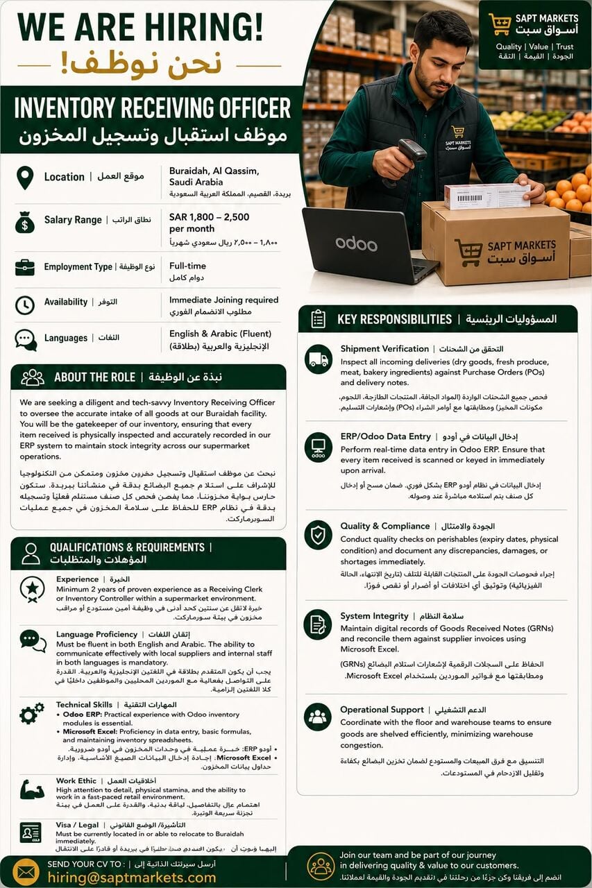 Buraidah, Jobs, Inventory Receiving Officer (salary 2500 + Accommodation + Transportation )