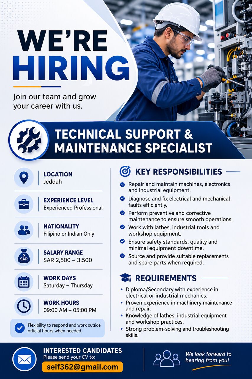 Jeddah, Jobs, Technical Support & Maintenance Specialist