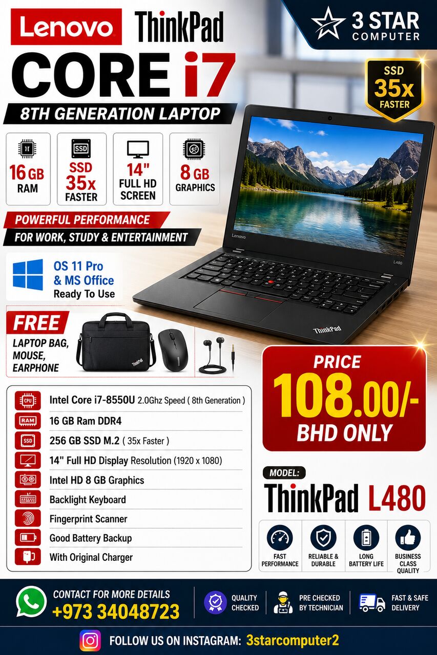 Manama, Tablet Computers, BHD 108,  Lenovo Thinkpad I7 8th Gen Laptop 16GB RAM M.2 SSD 35x Fast 14" Free Bag, Mouse, Earphone