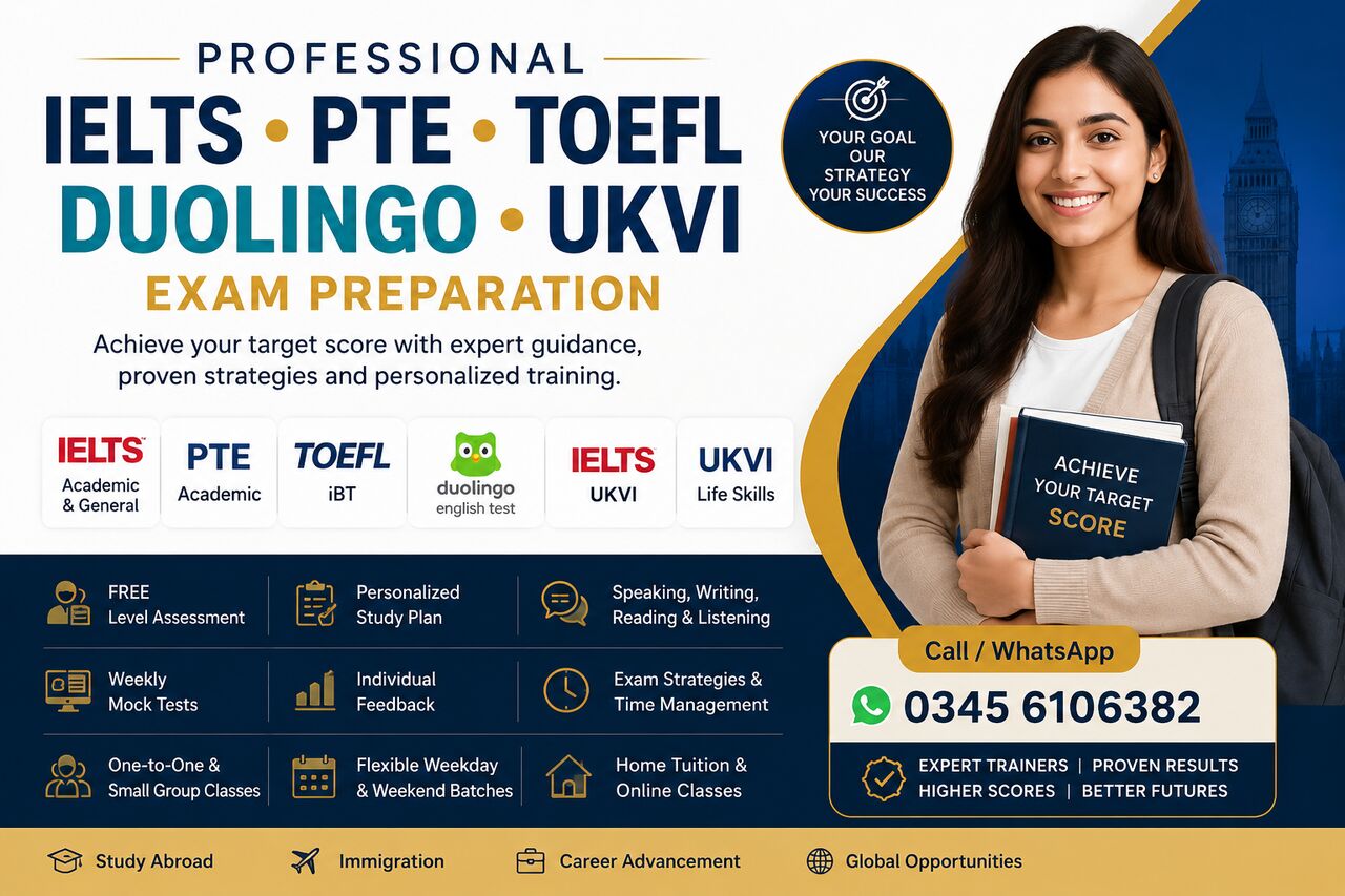 Karachi, Lessons Offered, Professional IELTS, PTE, TOEFL, Duolingo & UKVI Preparation