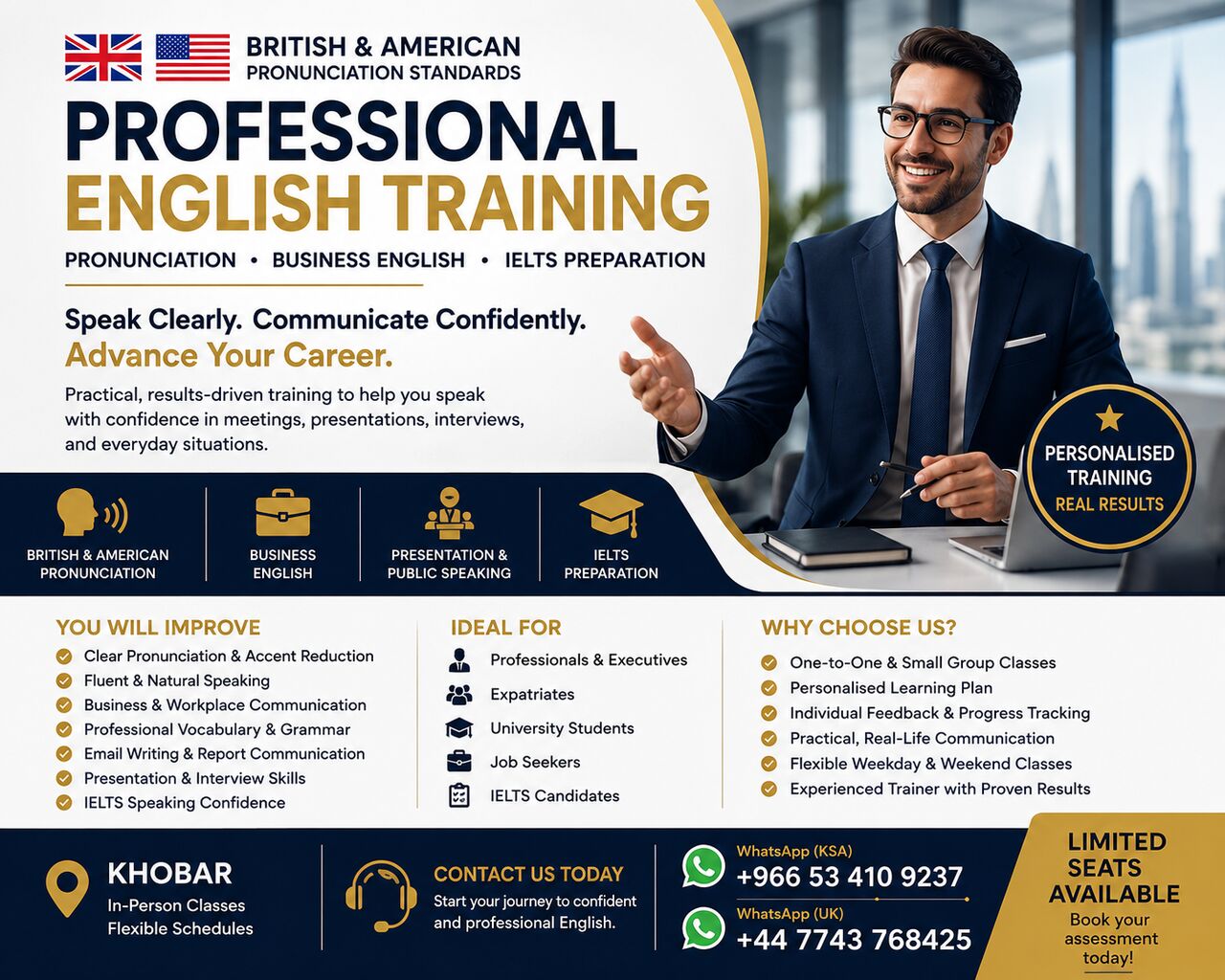 Riyadh, Lessons Offered, Professional British & American English | Pronunciation &bull; IELTS &bull; Business English