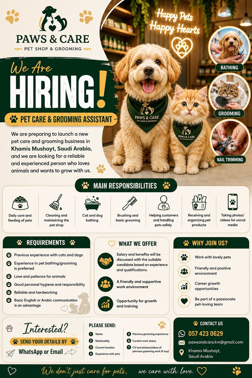 Riyadh, Jobs, PET CARE & GROOMING ASSISTANT