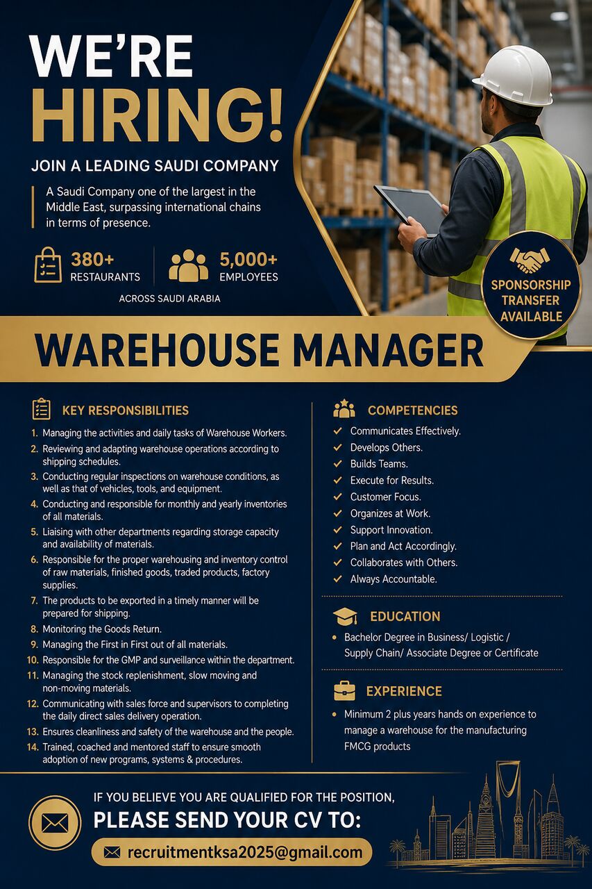 Riyadh, Jobs, Need Warehouse Manager