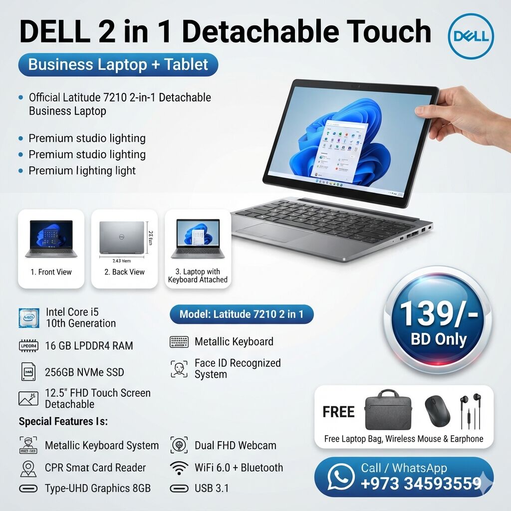 Riffa, Computers, BHD 139,  DELL Core I5 10th Gen 2 In 1 Business Touch Laptop + Tablet Detachable Very Good Working