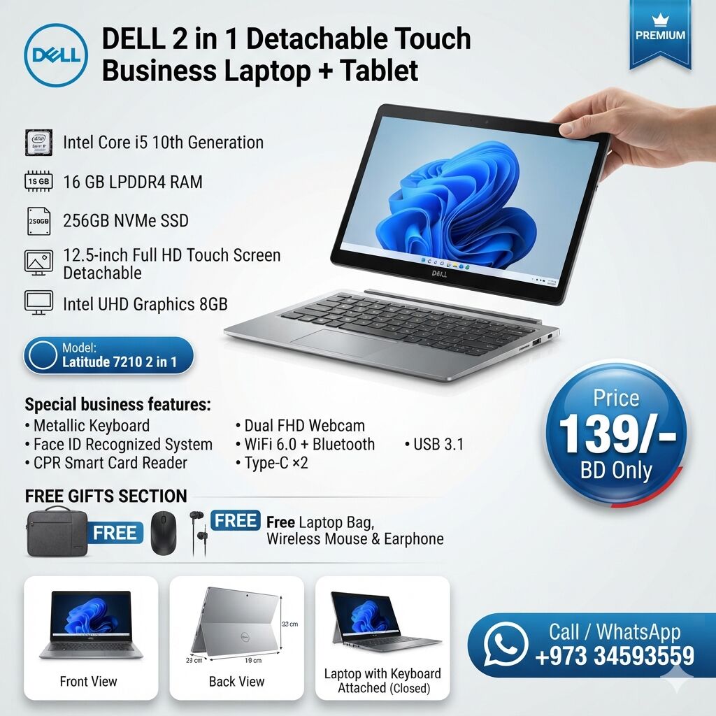 Muharraq, Computers, BHD 139,  DELL Core I5 10th Gen 2 In 1 Business Touch Laptop + Tablet Detachable Very Good Working