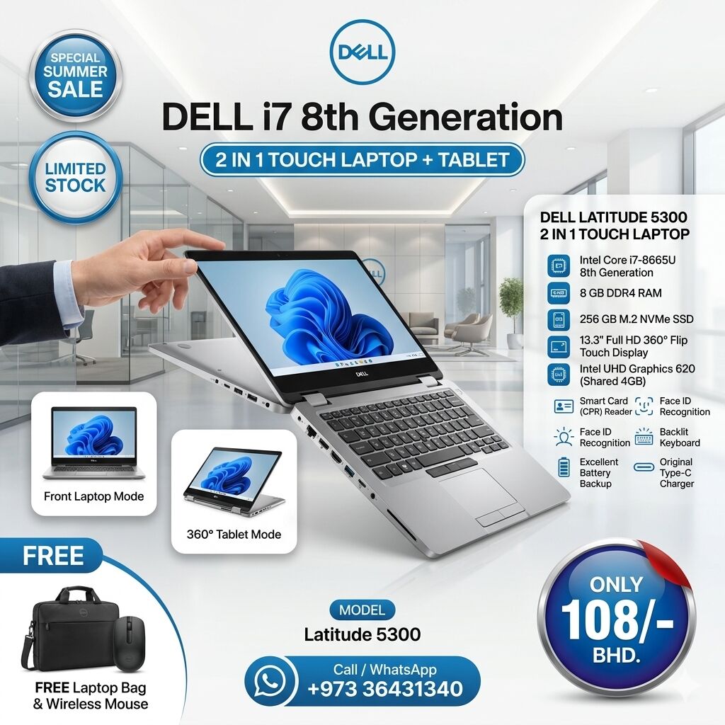 Muharraq, Computers, BHD 108,  DELL 2 In 1 Business Touch Laptop + Tablet Core I7 8th Gen (Free Bag) 14" FHD Touch Screen