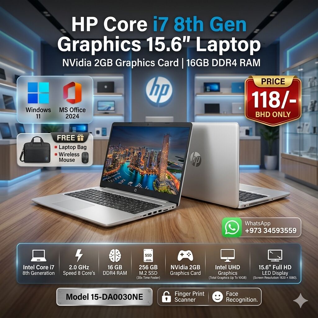 Riffa, Computers, BHD 118,  HP Core I7 8th Generation Graphics Laptop NVidia 2GB Graphics 15.6" FHD Screen 16GB RAM