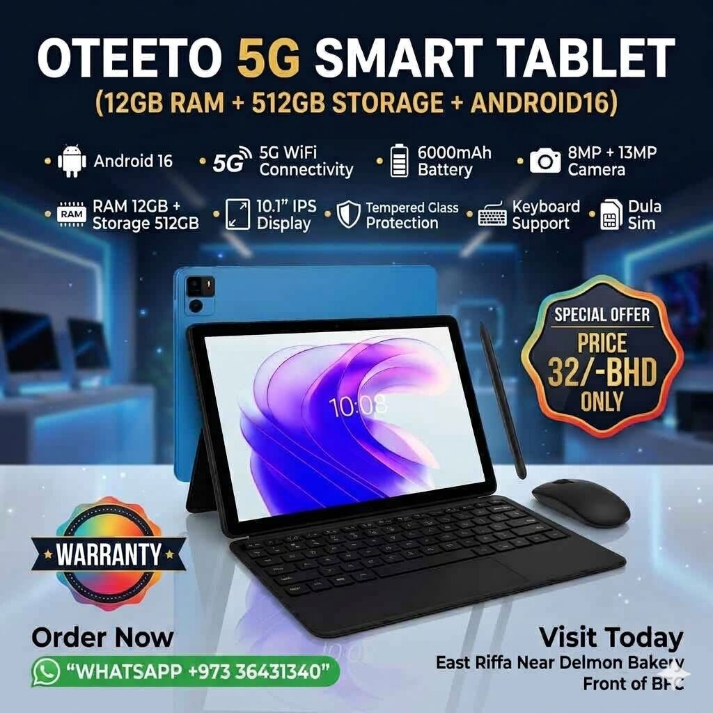 Muharraq, Computers, BHD 32,  New 5G Smart Android Tablet 10" Screen Dual Sim 12GB RAM 512GB Storage With Keyboard+Cover
