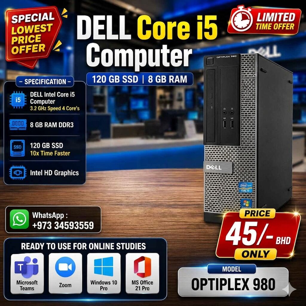 Riffa, Computers, BHD 45,  Special Offer DELL Core I5 Computer With 120GB SSD + 8GB RAM Good Working Ready To Use