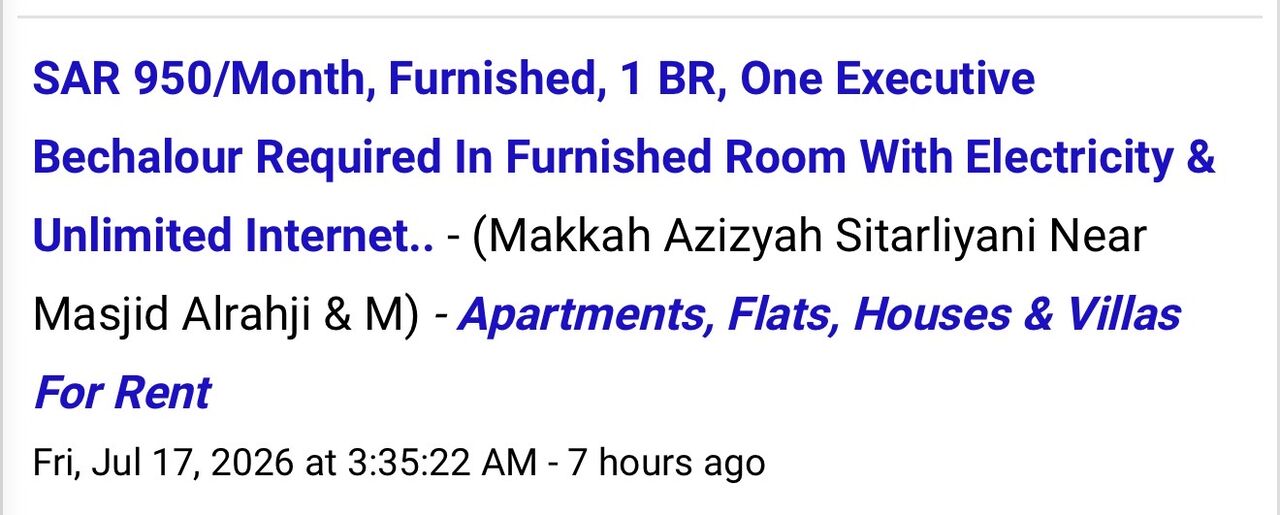 Makkah, Apartments, Flats, Houses & Villas, SAR 950/month,  Furnished,  1 BR,  400 Sq. Meter,  Be Aware Of Fraud.