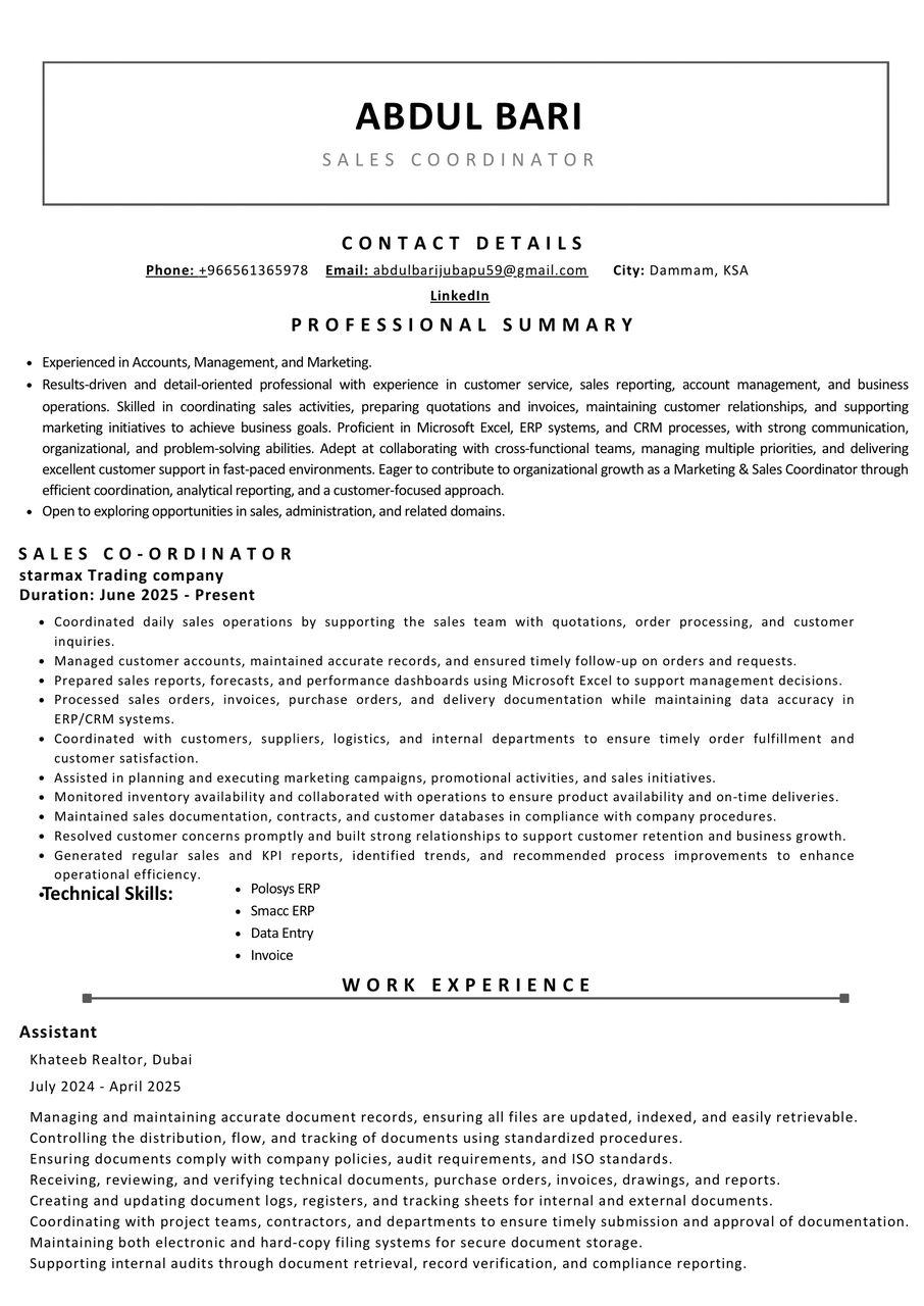 Dammam, Job Seekers, Sales Coordonator