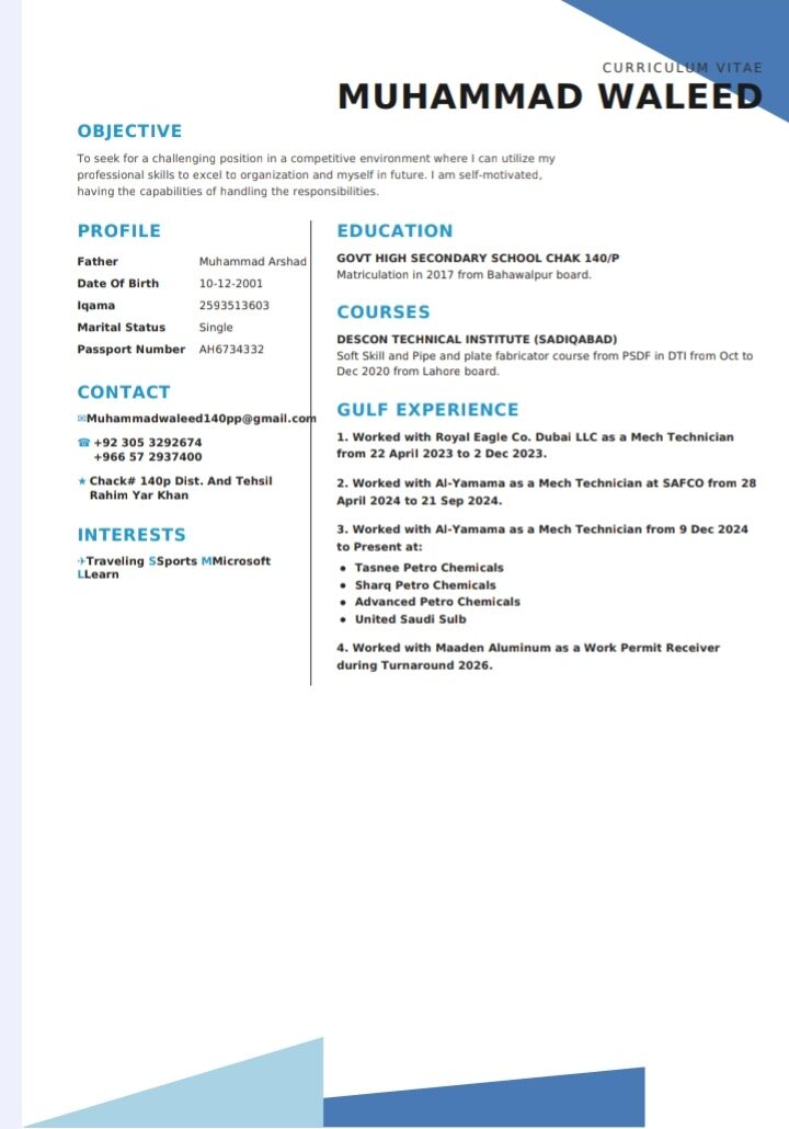 Jubail, Job Seekers, Mechanical Technician