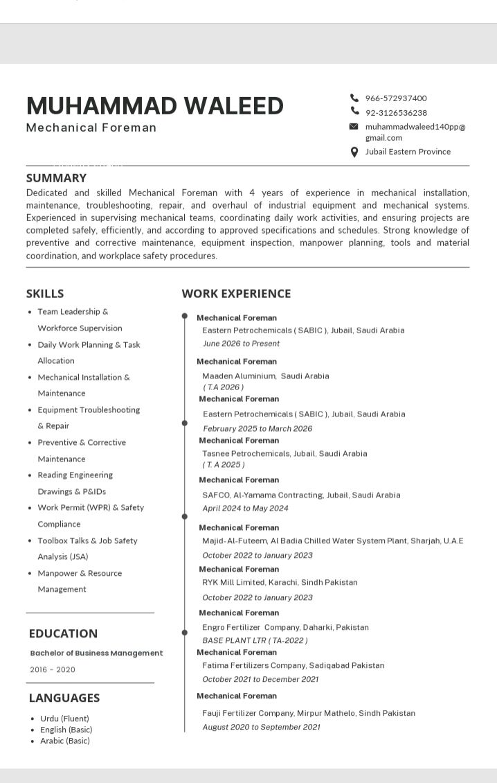 Jubail, Job Seekers, Mechanical Foreman