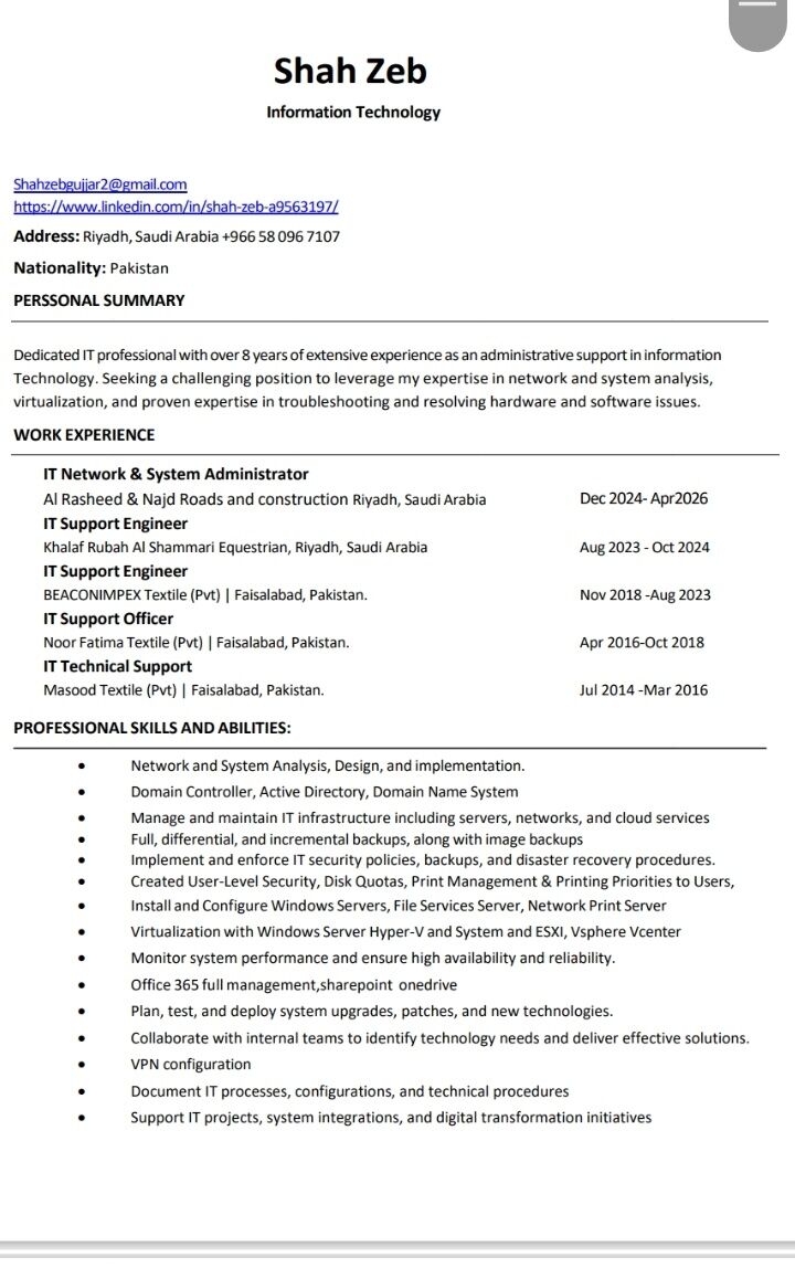 Riyadh, Job Seekers, IT NETWORK SYSTEM ADMINISTRATOR