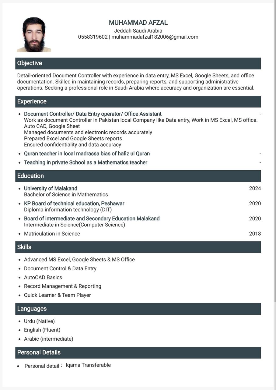 Riyadh, Job Seekers, Document Controller/ Data Entry Operator