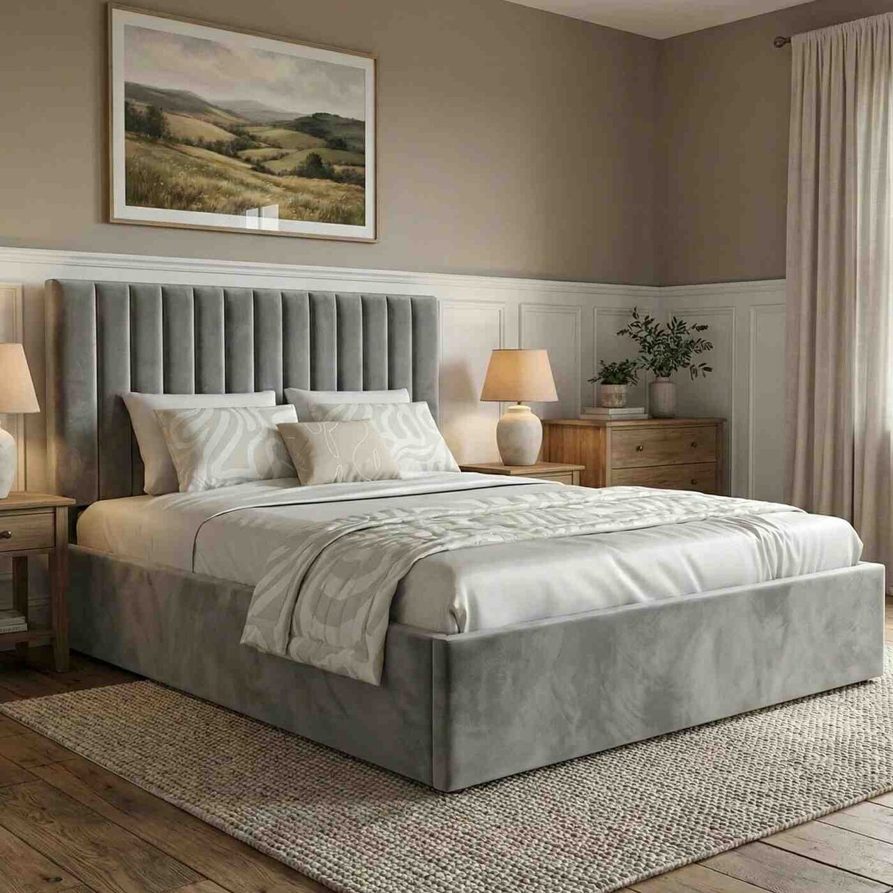 London, Furniture, GBP 239,  Grey King Square Panel Ottoman Bed With Hidden Base Storage