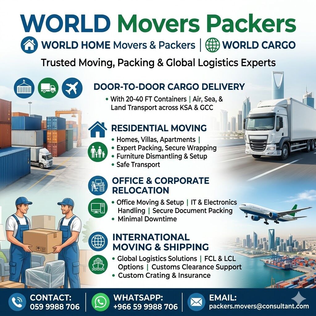 Dhahran, Household, WORLD Movers Packers➡️Door To Door CARGO DELIVERY➡️With 20-40 FT Containers➡️ 0599988706./