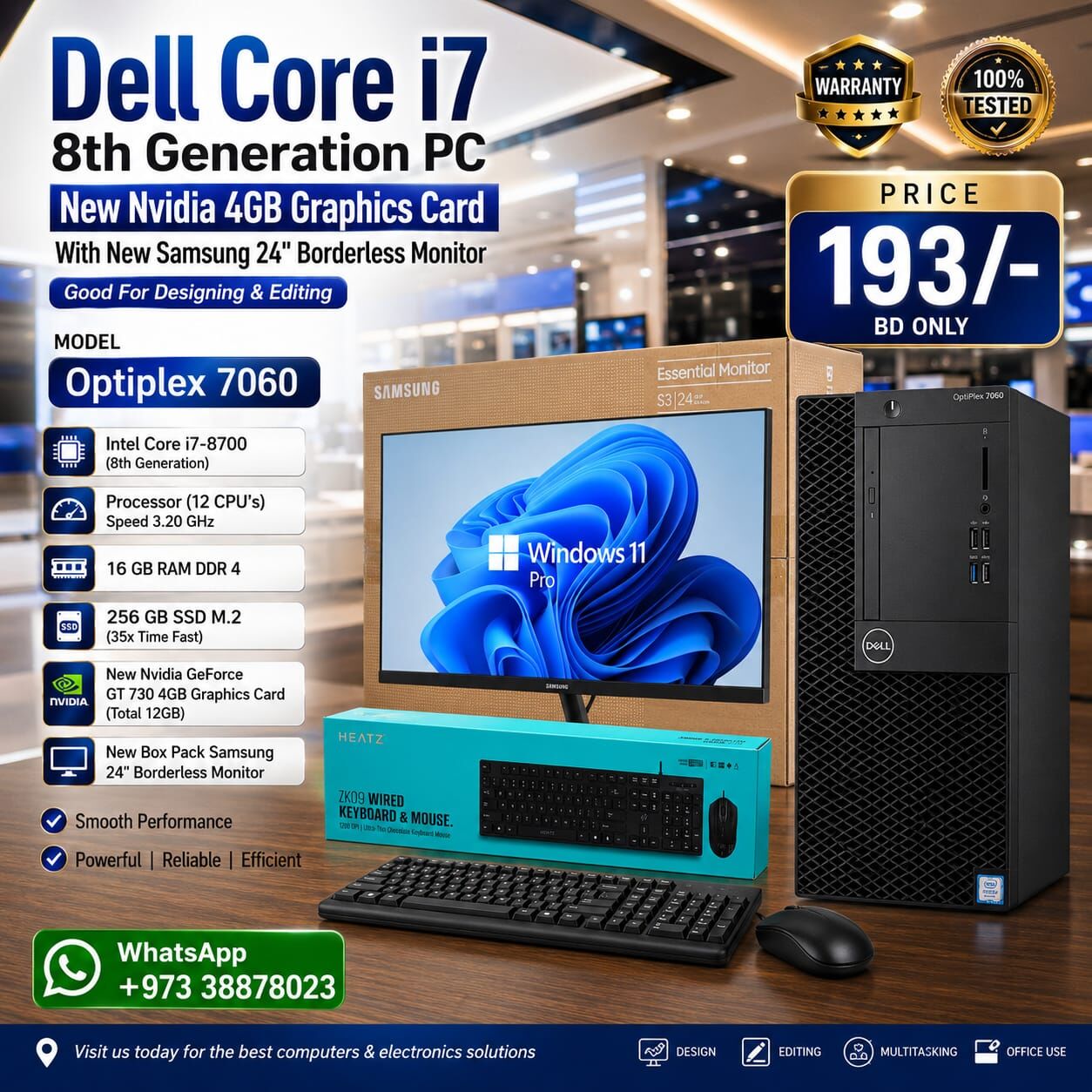 Manama, Tablet Computers, BHD 193,  Dell Core I7 PC NEW NVIDIA GeForce 4GB Graphics Card NEW Samsung 24" Borderless Monitor