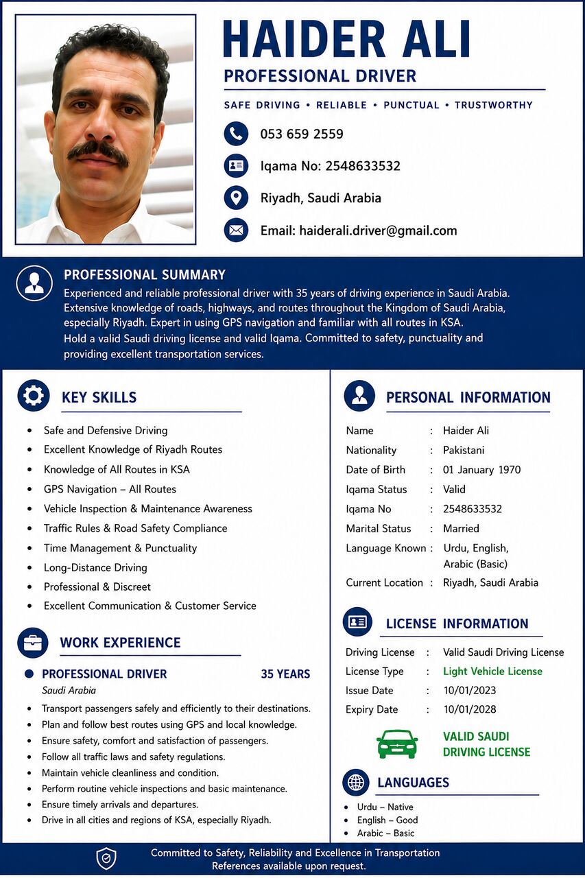 Riyadh, Job Seekers, Experienced Driver With Saudi Arabia Driving Experience. Valid Saudi Private Driving Licen