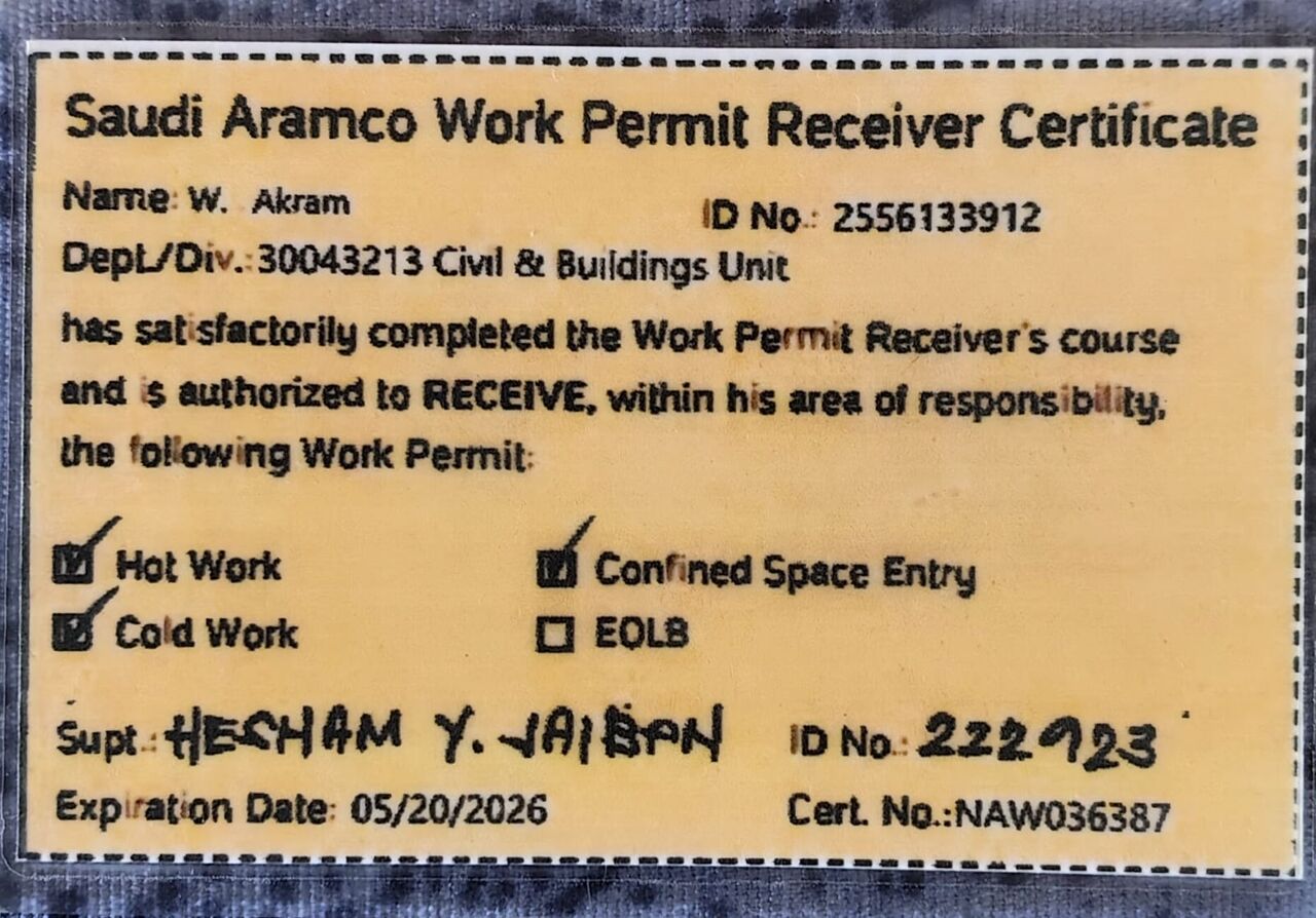 Jubail, Job Seekers, Aramco Certified Work Permit Receiver (WPR) &ndash; 8 Years Experience (Completed 2 WPR Cards)