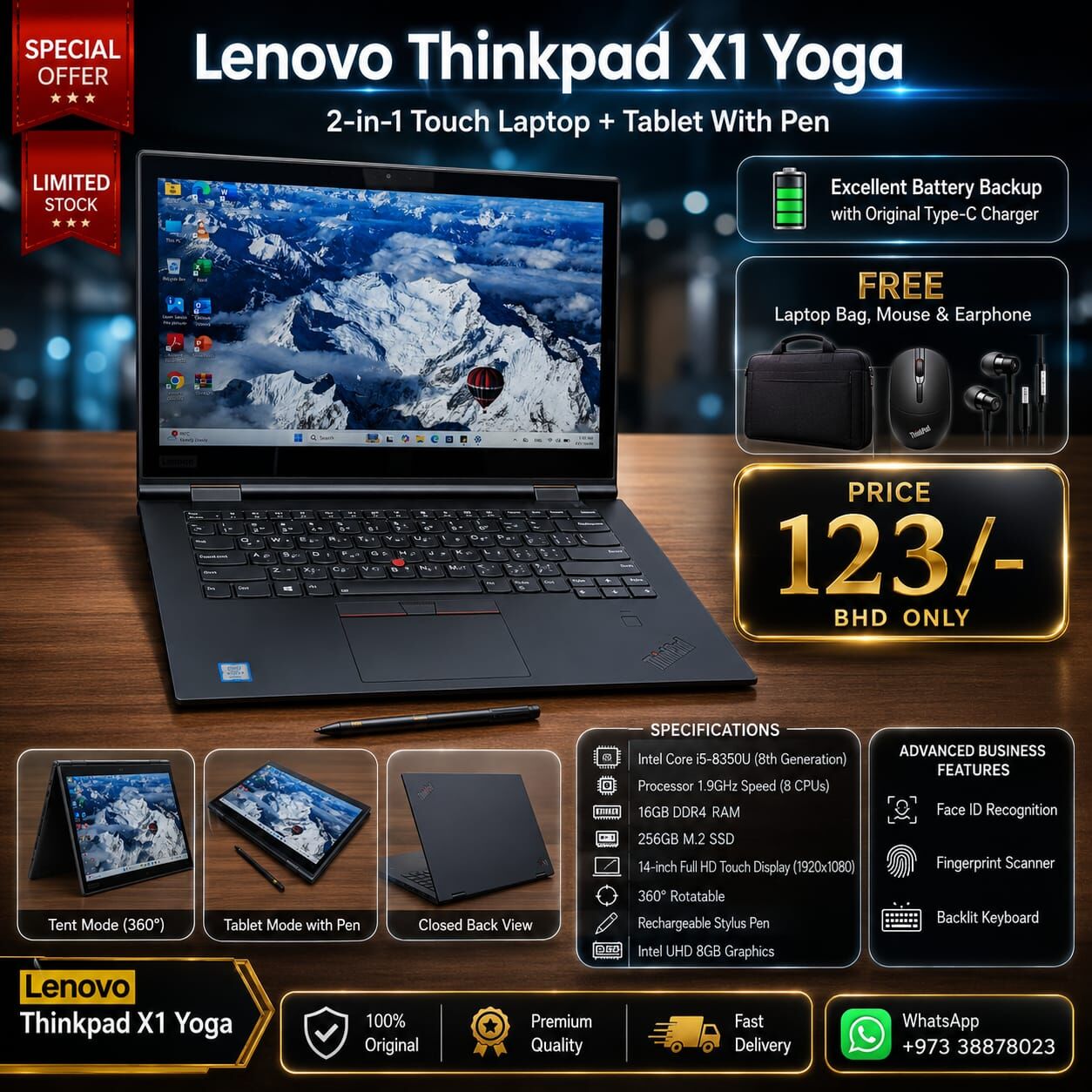 Manama, Tablet Computers, BHD 123,  Lenovo Core I5 8th Gen 2in1 Touch Laptop + Tablet With Stylus Pen 16GB RAM FREE GIFTS