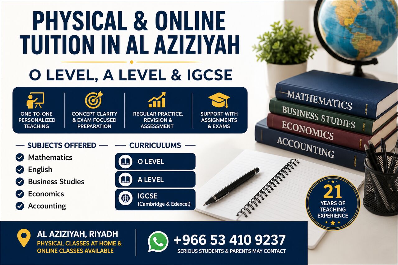 Al Aziziyah, Lessons Offered, English/Business/Economics/Accounting IGCSE /O/A Levels