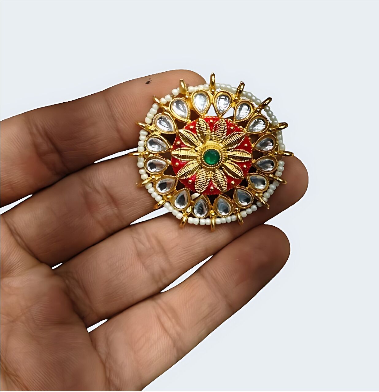 Mumbai, Jewelry, INR 129,  Traditional Kundan Statement Ring With Meenakari & Pearl Border