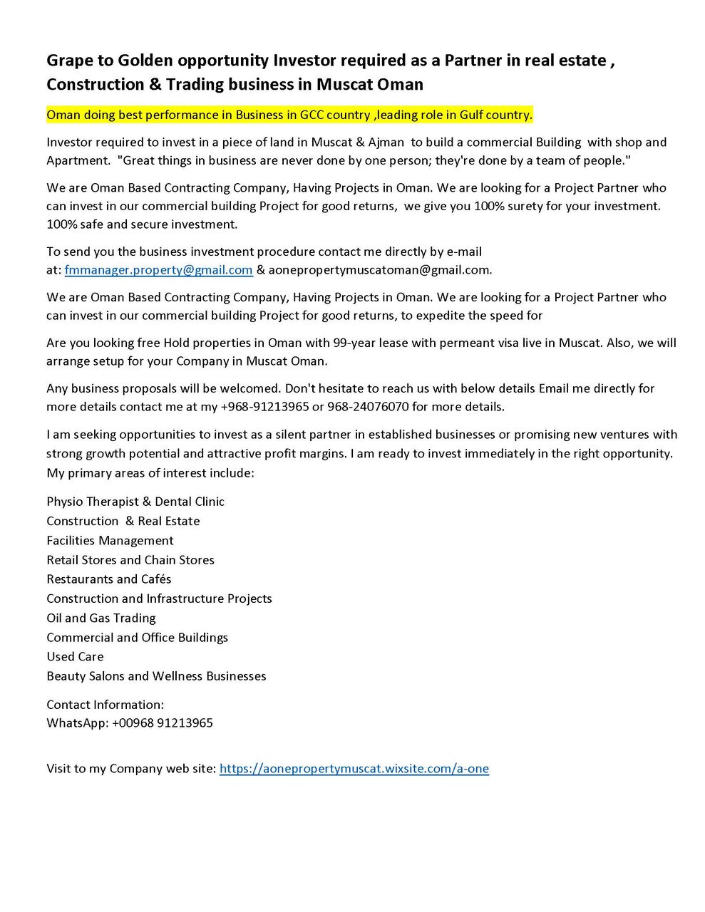 Dubai Marina, Business Partners, Grape To Golden Opportunity Investor Required As A Partner In Real Estate , Construction &