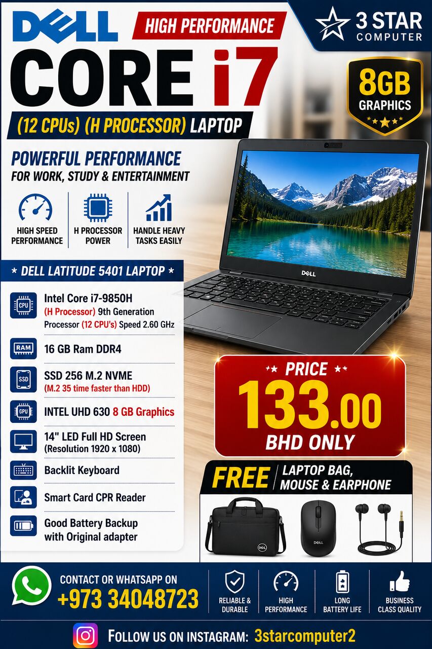 Manama, Tablet Computers, BHD 133,  DELL I7 Laptop High Performance H Processor 16 GB RAM Laptop SSD 35x Fast FREE Bag,Mouse