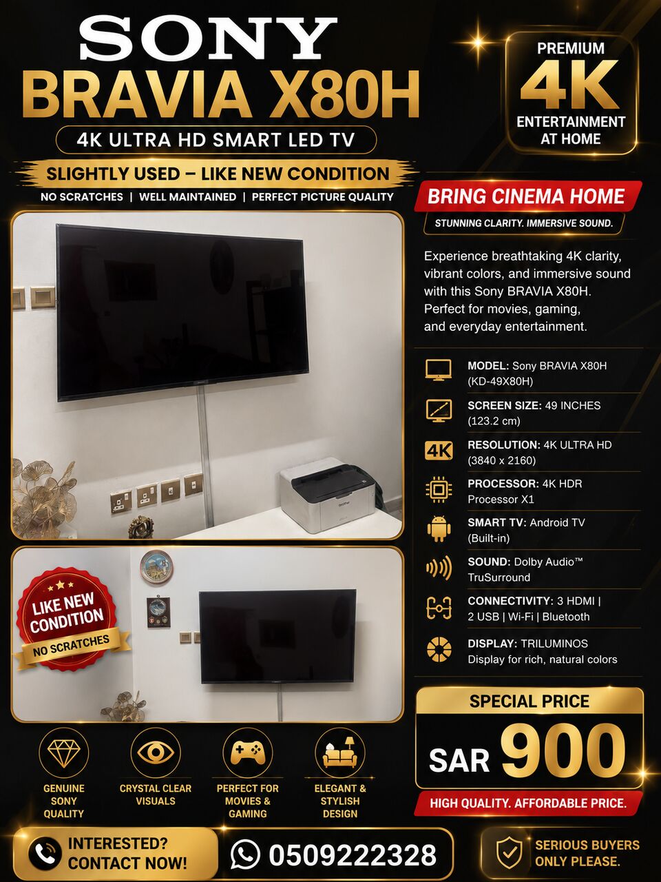 Riyadh, Electronics, SAR 900,  📺 FOR SALE – SONY BRAVIA X80H 49” 4K SMART TV