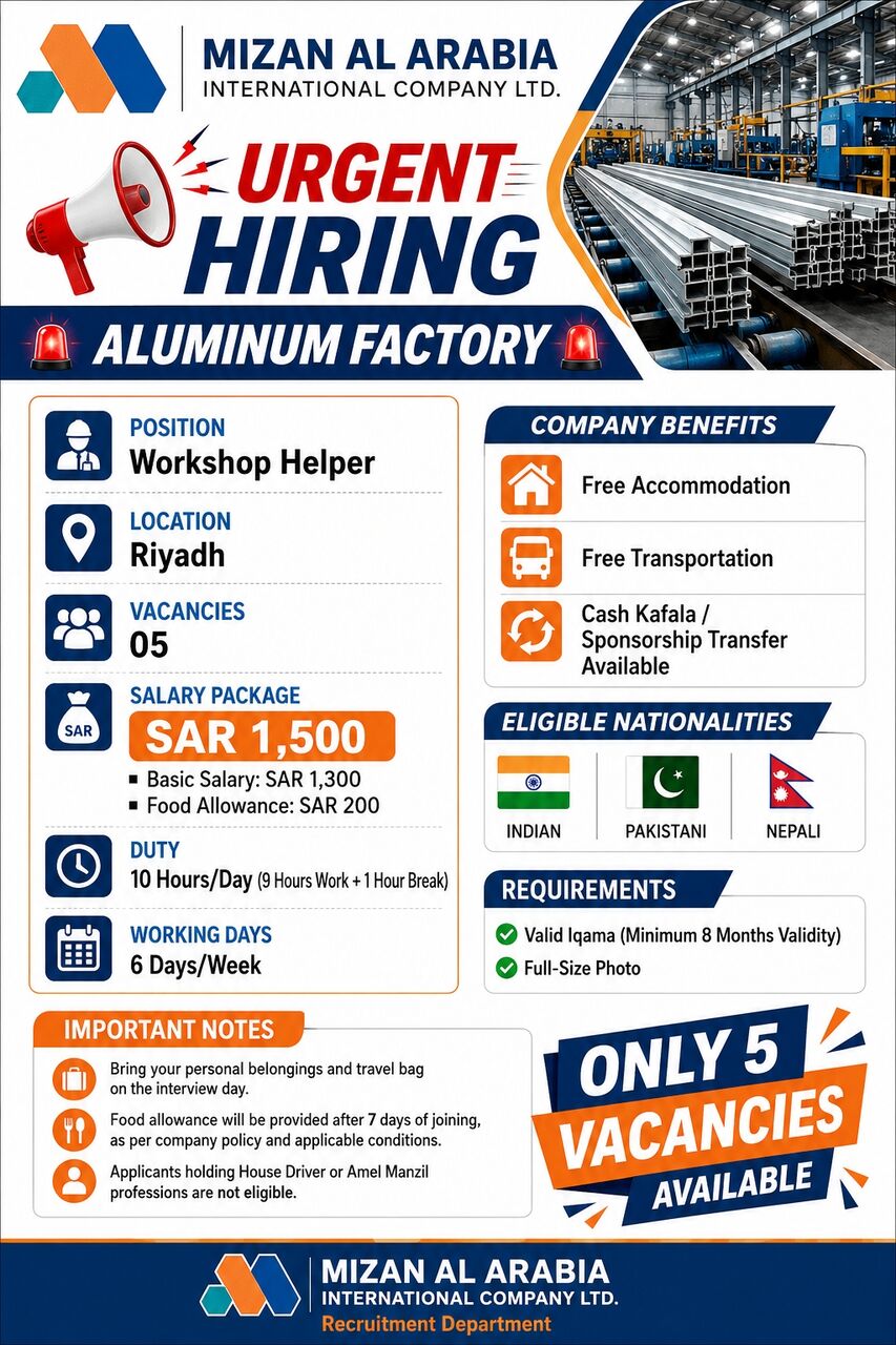 Riyadh, Jobs, 🚨 URGENT HIRING – ALUMINUM FACTORY HELPER 🚨