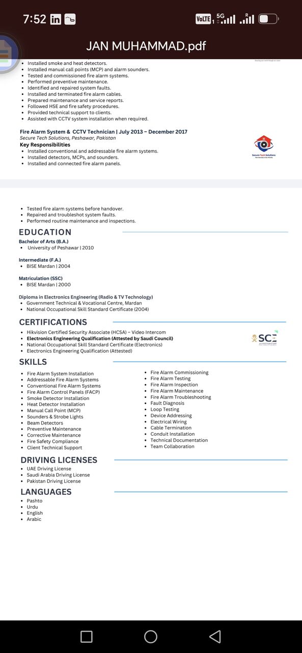 Riyadh, Job Seekers, Fire Alram Cctv Electronics Engineer