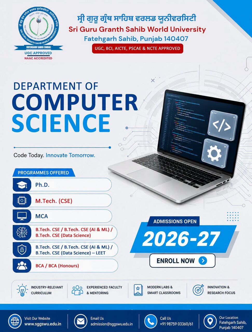 Punjab, Lessons Offered, Btech Computer Science And Engineering In Punjab - SGGSWU