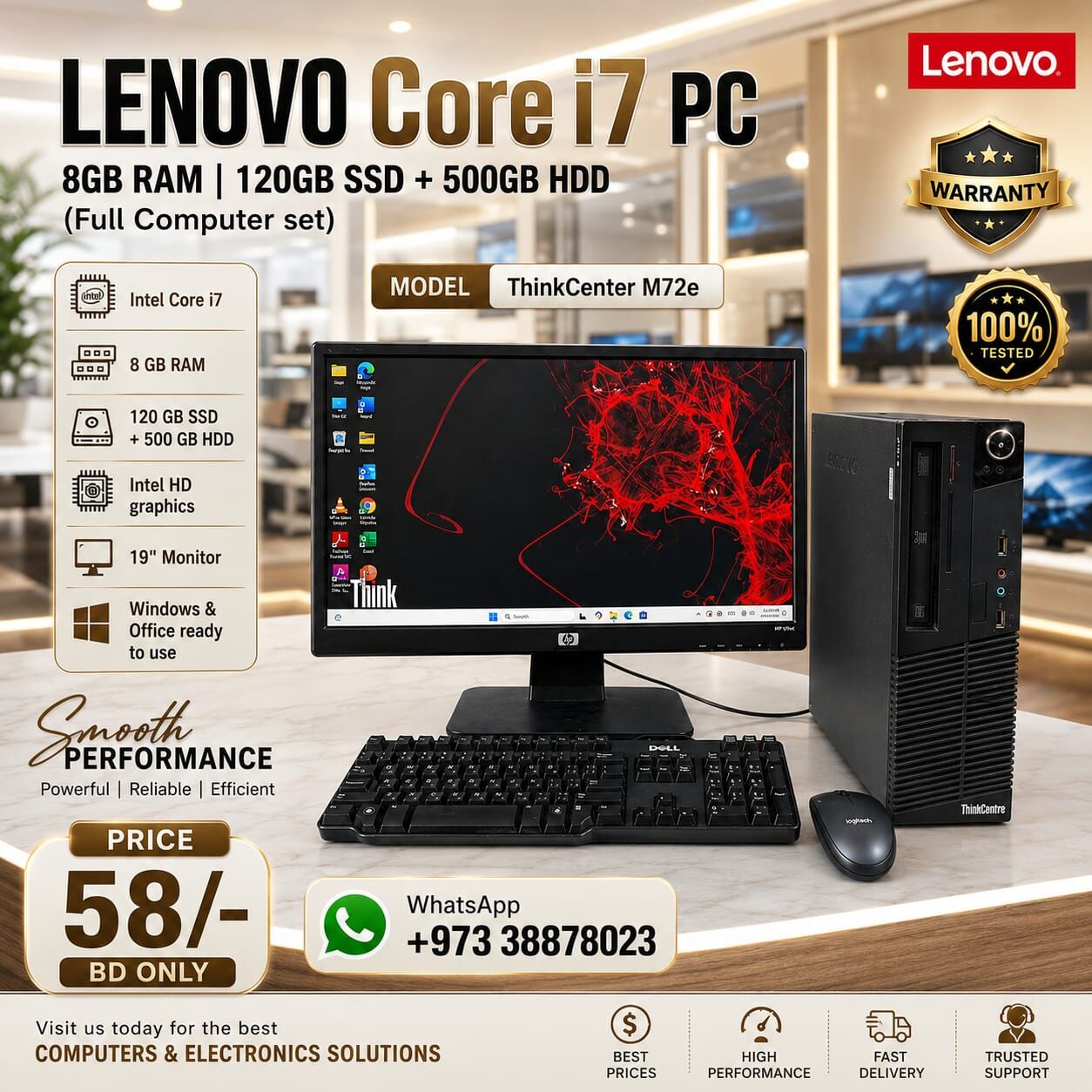 Manama, Computers, BHD 58,  Lenovo Core I7 PC 8GB RAM 120GB SSD + 500GB HDD 19" Monitor OS Pro & Office Ready To Use