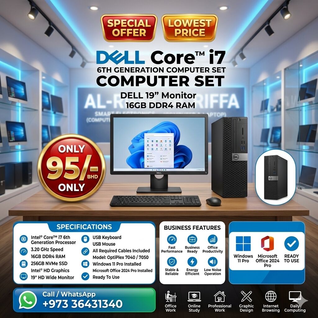 Muharraq, Computers, BHD 95,  DELL Intel Core I7 6th Generation Computer Set With DELL Monitor 16GB DDR4 RAM Ready OS 11