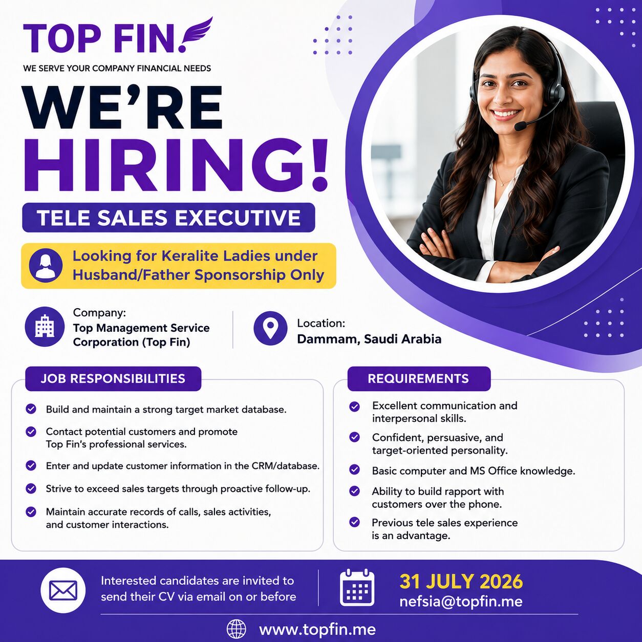 Dammam, Jobs, Tele Sales Executive (Looking For Keralite Ladies Under Husband/Father Sponsorship Only)