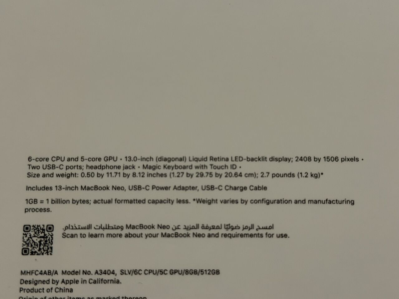 Riyadh, Computers, SAR 3100,  Macbook Neo 512 GB Silver