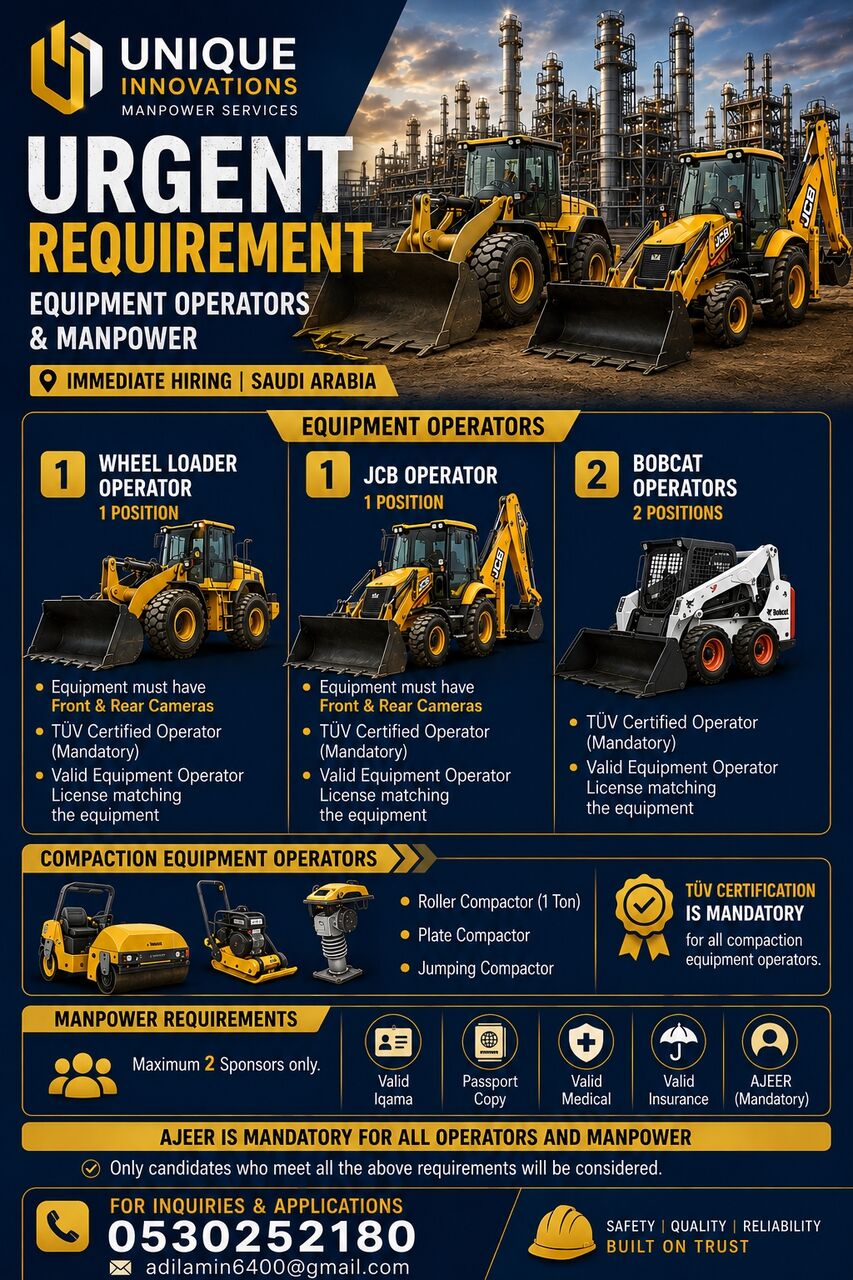 Dammam, Jobs, **URGENT REQUIREMENT &ndash; EQUIPMENT OPERATORS & MANPOWER**