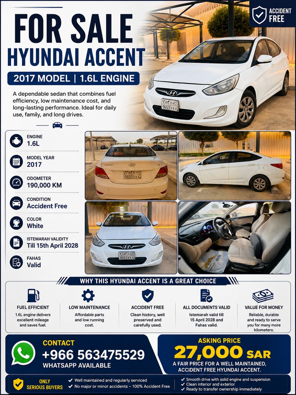 Riyadh, Vehicles, Cars & Trucks , SAR 27000,  Hyundai Accent 1.6L,  2017,  Automatic,  190000 KM,   Accident Free Vehicle