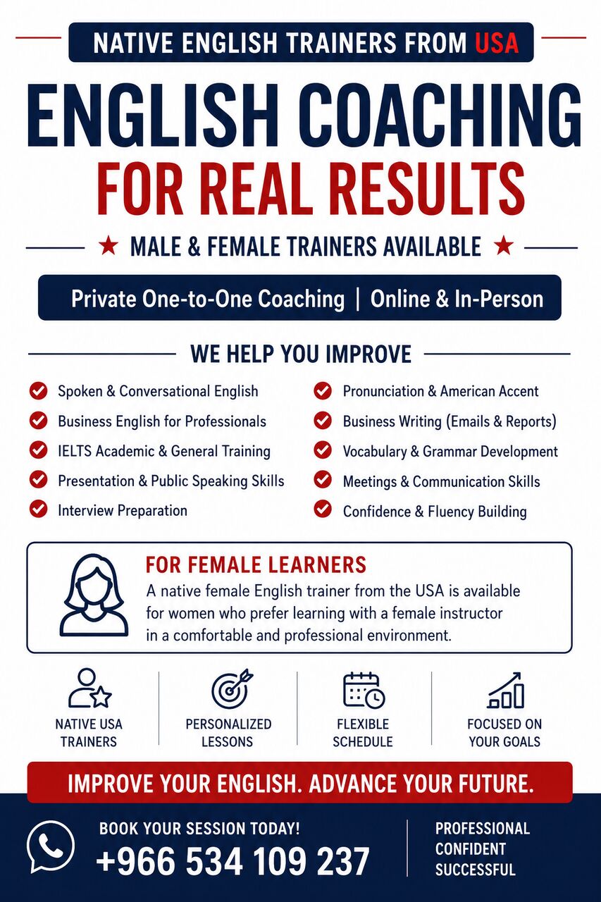 Riyadh, Lessons Offered, Native USA English Trainers | Male & Female | IELTS & Business English