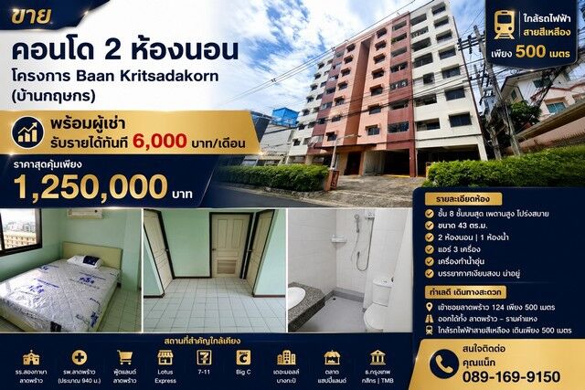 Bangkok, Real Estate For Sale, THB 1250000,  2 BR,  43 Sq. Meter,  2 Bedroom Condo For Sale With Tenant, Baan Kritsadakorn Project (Baan Kritsakorn),