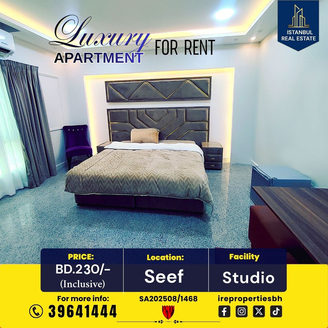 Al Seef, Apartments, Flats, Houses & Villas, BHD 230/month,  Furnished,  55 Sq. Meter,  Luxury Studio Apartment For Rent In Seef BD 230/- Inclusive