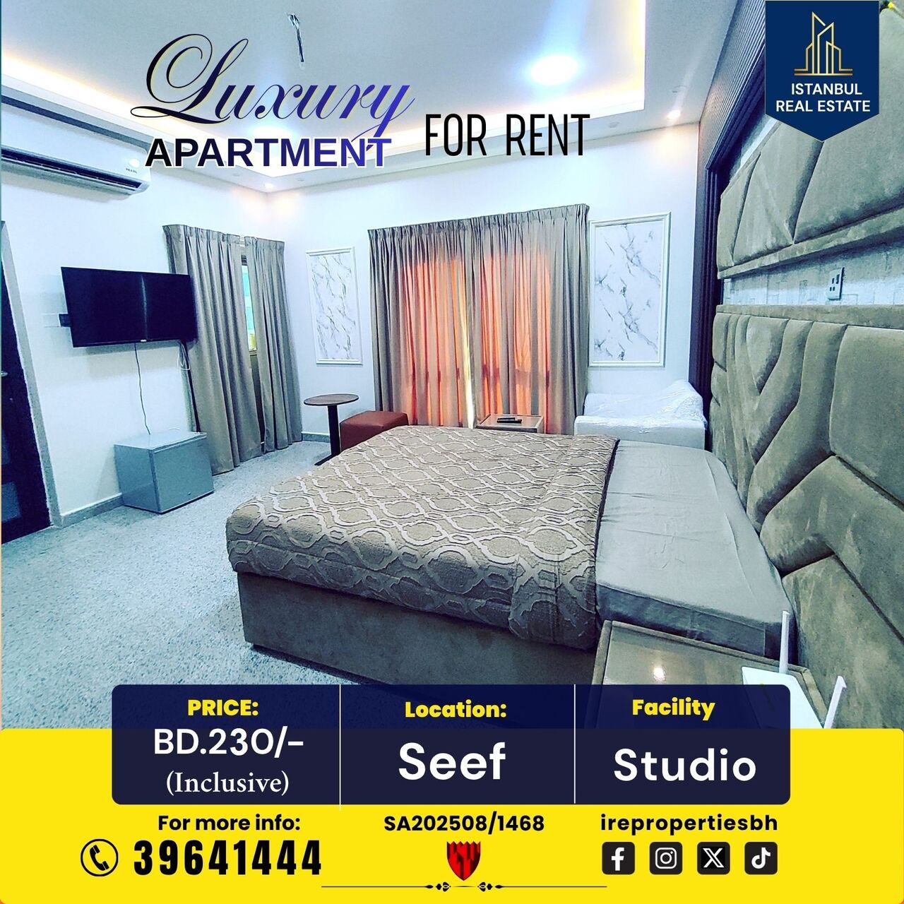 Al Seef, Apartments, Flats, Houses & Villas, BHD 230/month,  Furnished,  55 Sq. Meter,  Luxury Studio Apartment For Rent In Seef BD 230/- Inclusive